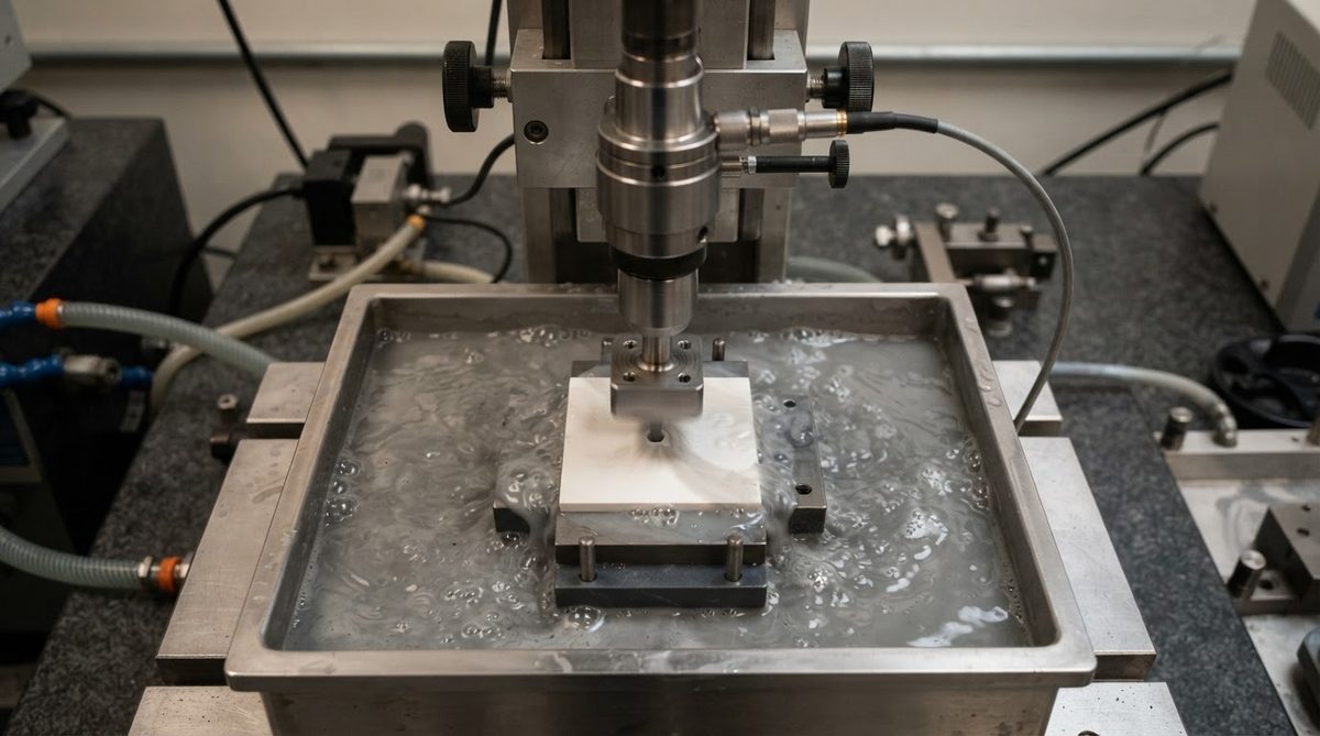Ultrasonic machining tool positioned over a ceramic substrate in abrasive slurry