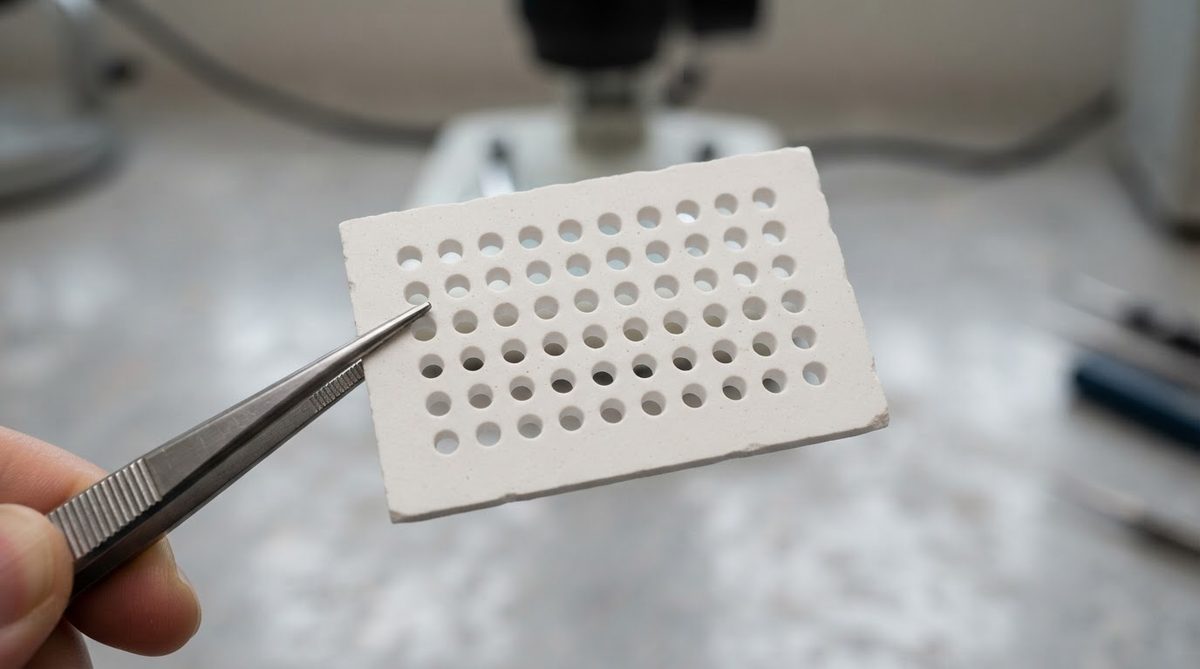 Fired alumina substrate with an array of laser-drilled through-holes