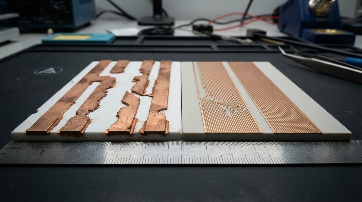 Side-by-side comparison of DBC and DPC etched copper traces on ceramic substrates