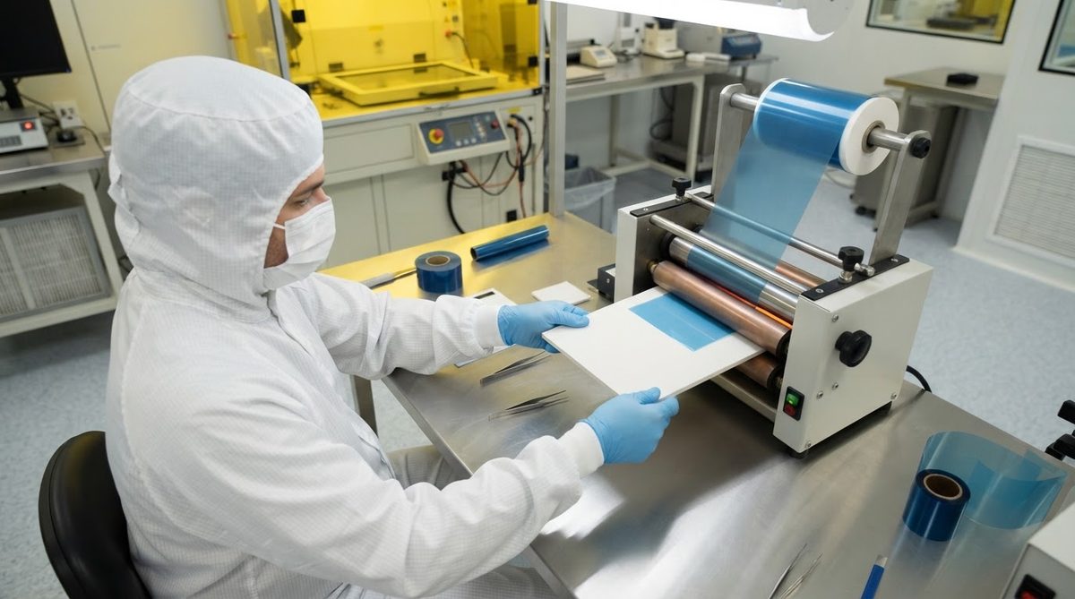 Technician laminating dry-film photoresist onto a ceramic substrate before UV exposure