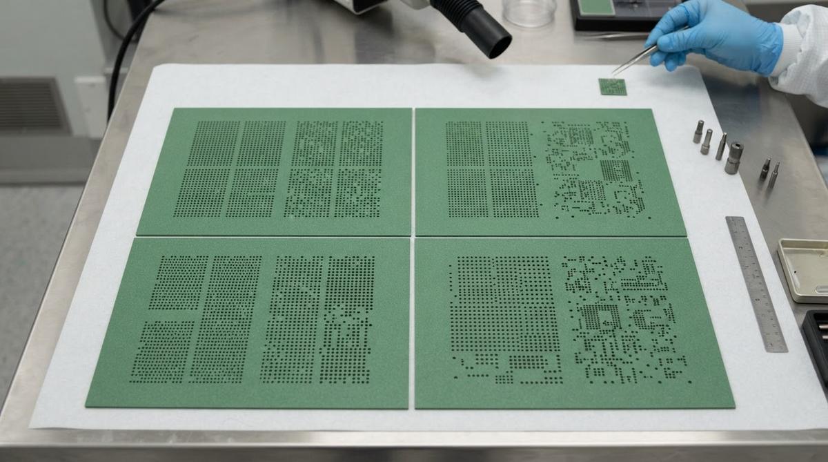 Green HTCC ceramic tape sheets with punched via arrays before sintering