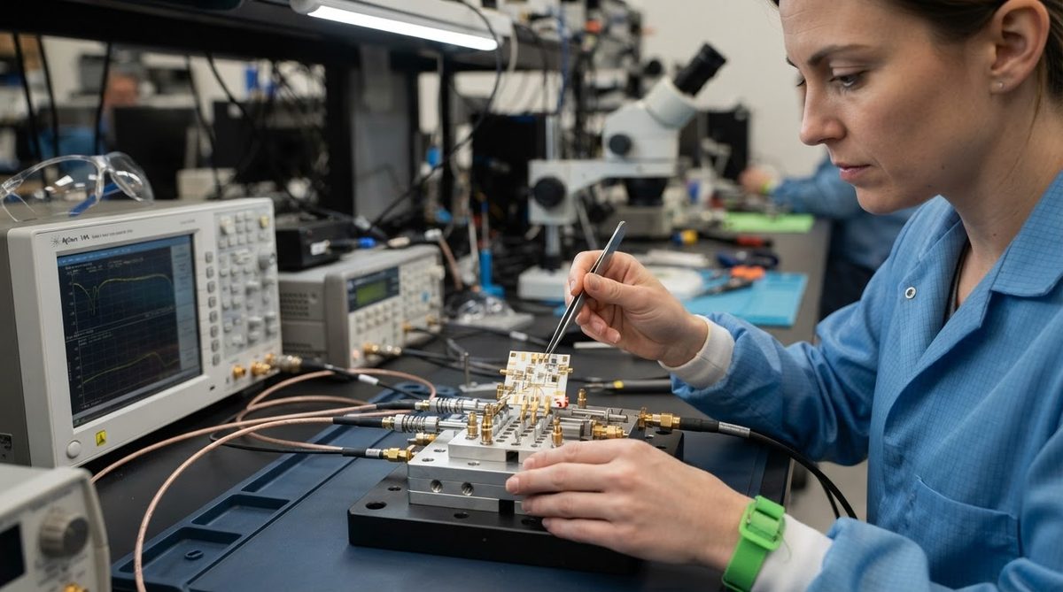 Engineer probing a ceramic RF module on a test fixture in a lab setting