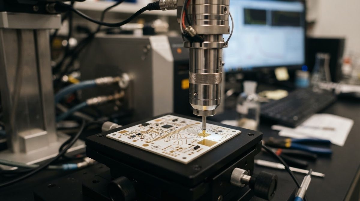XRF probe measuring gold thickness on a ceramic PCB pad