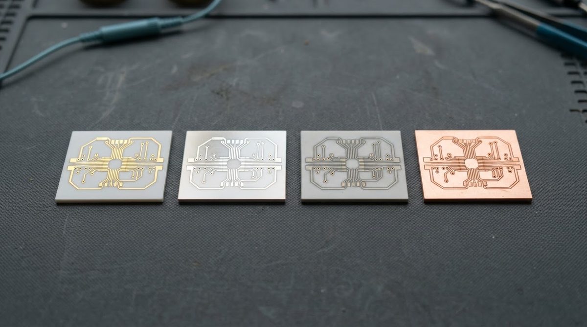 Four ceramic PCB samples comparing ENIG, silver, tin, and bare copper finishes