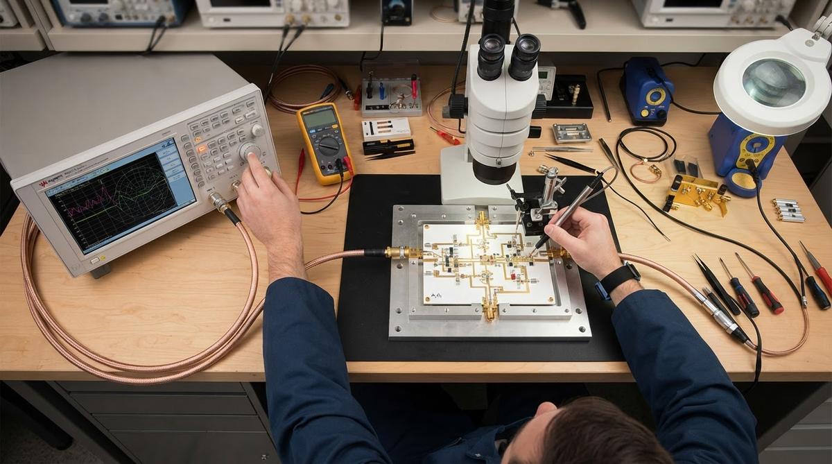 Engineer measuring impedance on a ceramic PCB with a network analyser