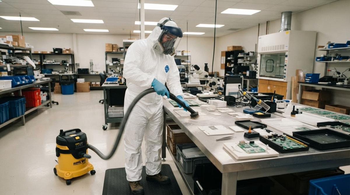 Worker in full PPE using HEPA vacuum during beryllium oxide handling