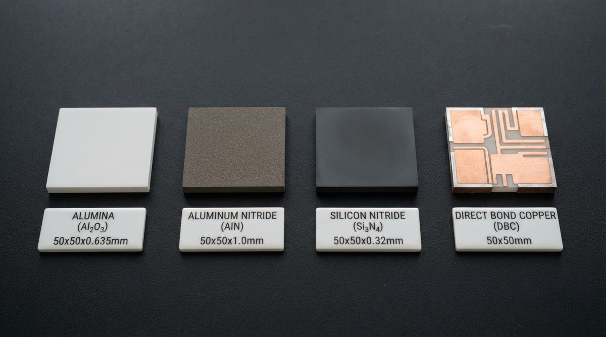 Four ceramic substrate types arranged for visual comparison of color and finish
