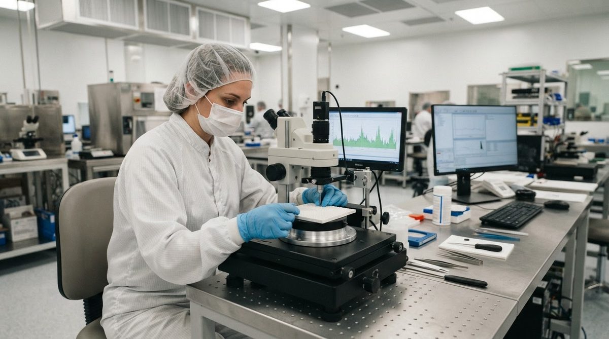Technician measuring ceramic substrate surface roughness with a stylus profilometer