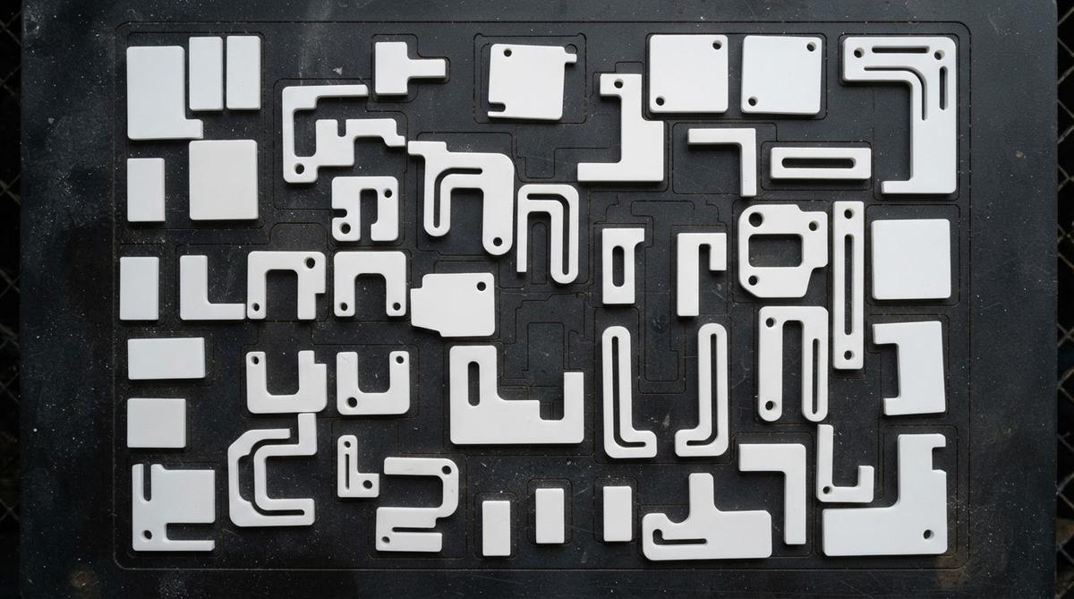 Assortment of custom laser-cut alumina ceramic parts on a dark surface