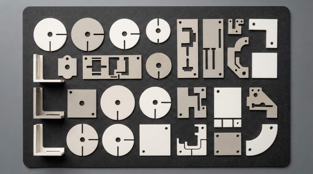 Assorted laser-cut ceramic substrates in custom shapes on a dark mat