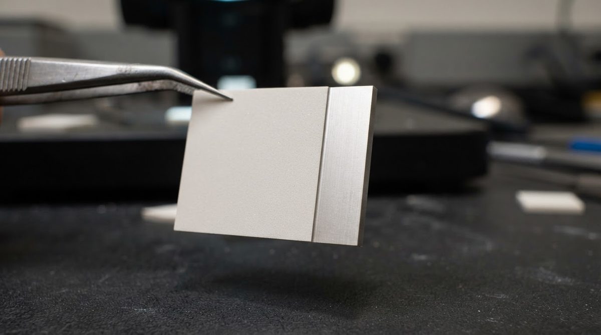 Close-up of a laser-cut edge on an aluminum nitride ceramic substrate