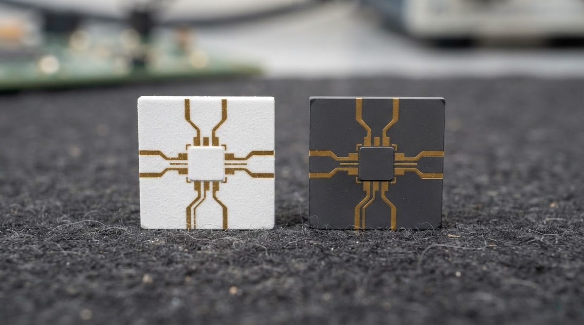 Alumina and aluminum nitride submounts side by side for size comparison