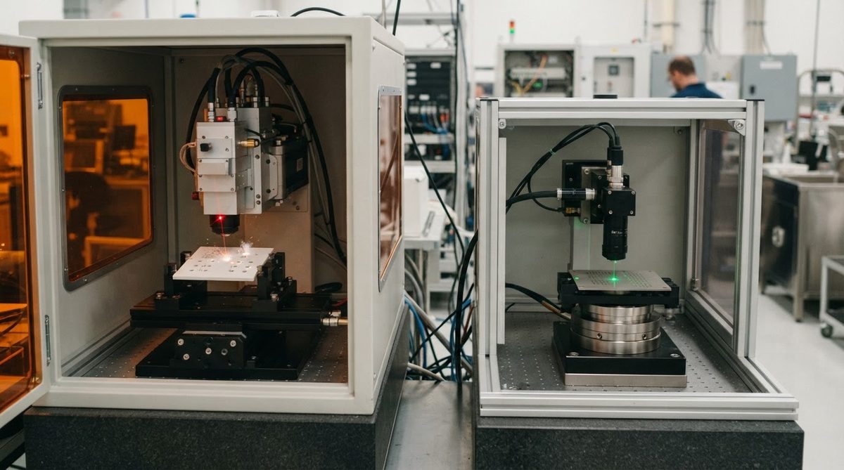 CO₂ and UV laser drilling stations used in ceramic PCB manufacturing