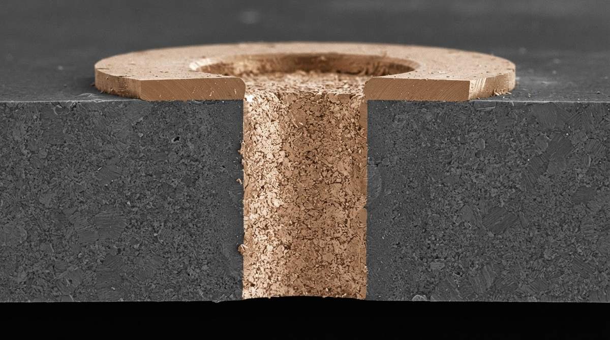 Cross-section of a metallized laser-drilled via in ceramic