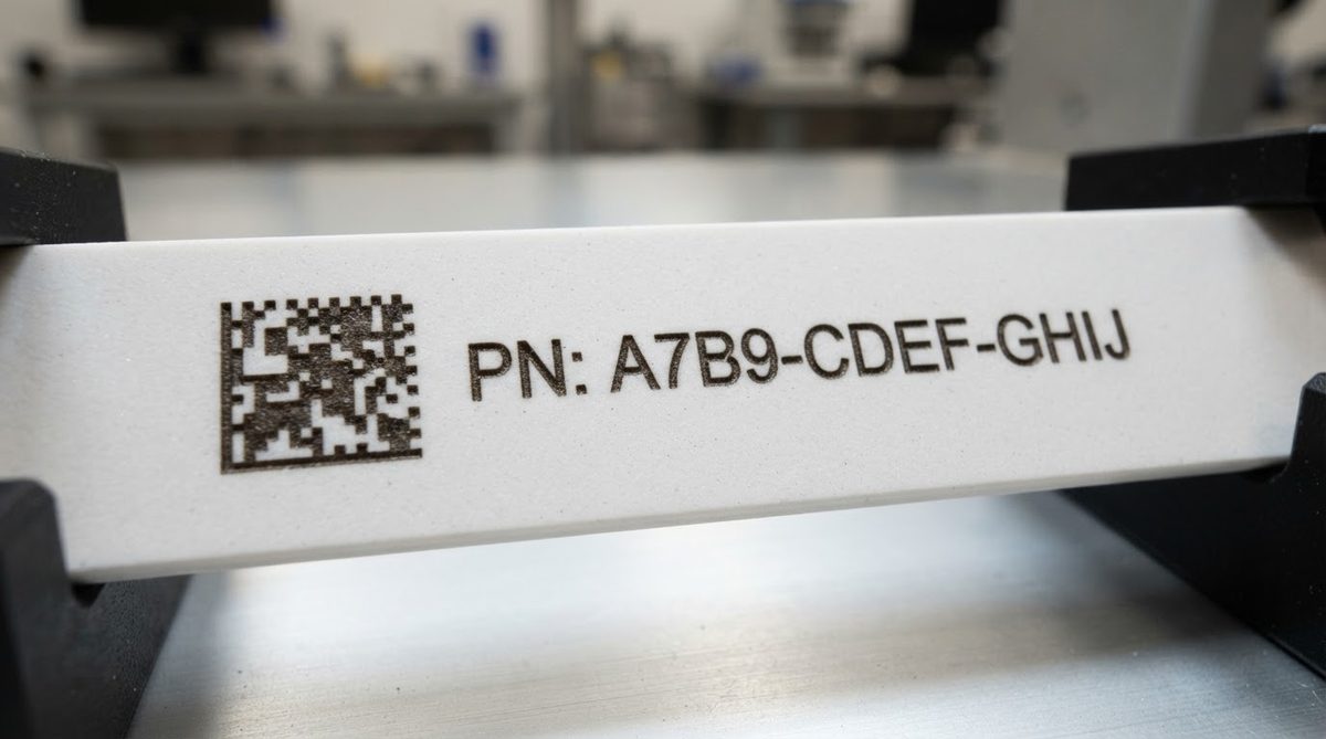 Laser-engraved Data Matrix code and part number on an alumina ceramic PCB