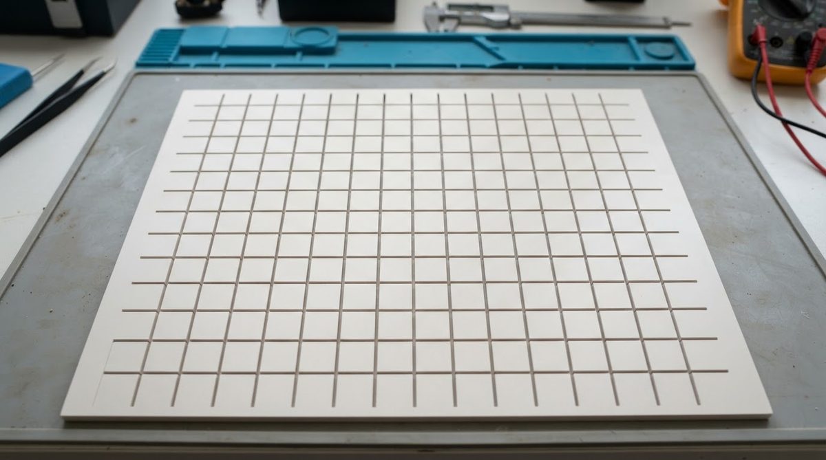 Panelized ceramic substrate with visible laser scribe lines before break-out