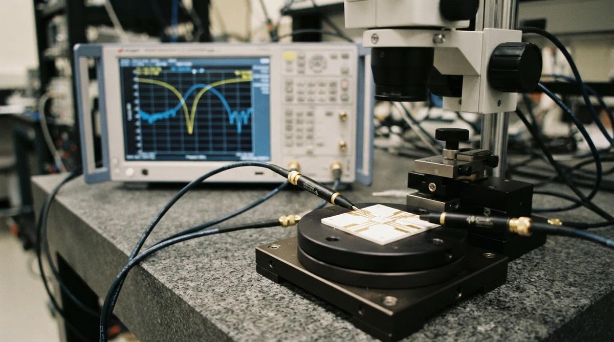 Vector network analyzer measuring a ceramic substrate test coupon