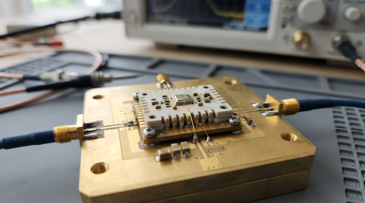 Finished LTCC module on an RF test fixture with coaxial connectors