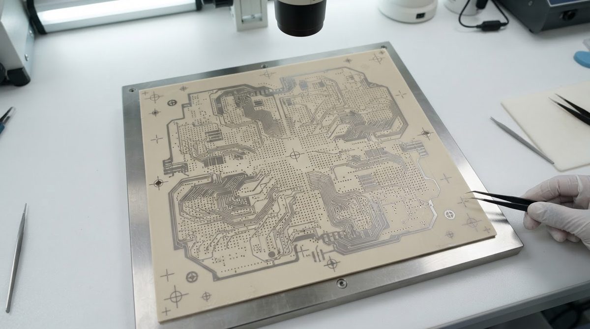 LTCC green tape with screen-printed conductor patterns before lamination and firing