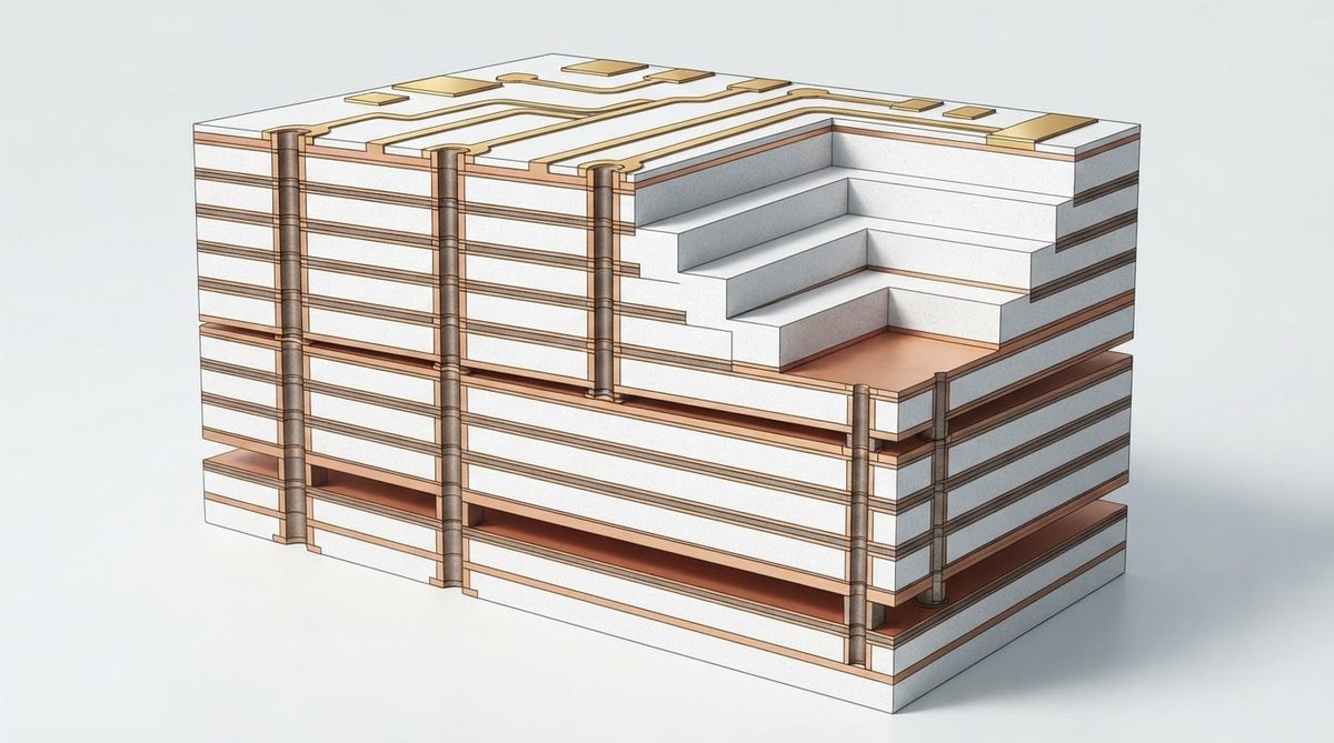 Cross-section of multilayer LTCC stackup with stacked vias and stepped cavity