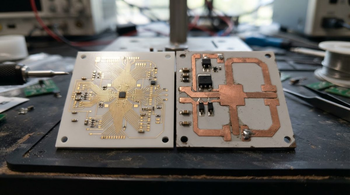 Side-by-side comparison of thin-film gold and DBC copper metallization on ceramic