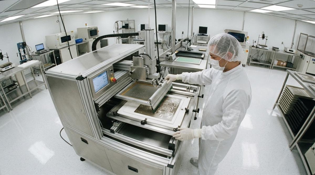 Screen printing metallic paste onto a ceramic substrate in a cleanroom
