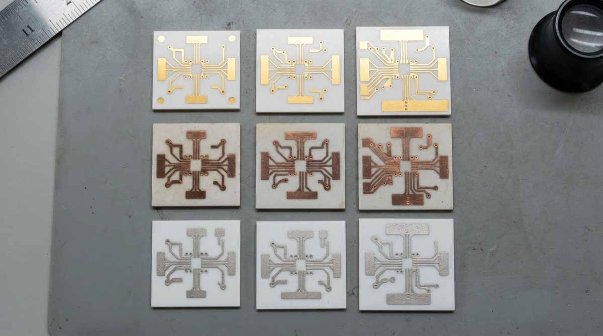 Ceramic substrates with gold thin-film, copper DPC, and silver thick-film metallization side by side