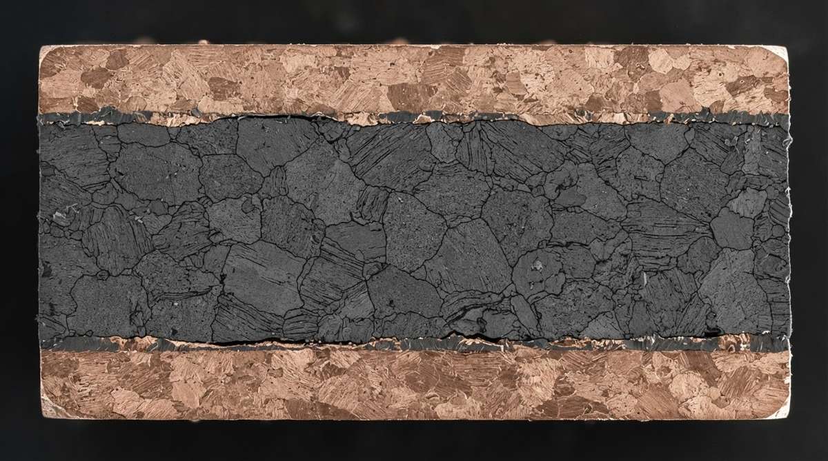 Cross-section of a DBC substrate revealing copper foil bonded to alumina ceramic
