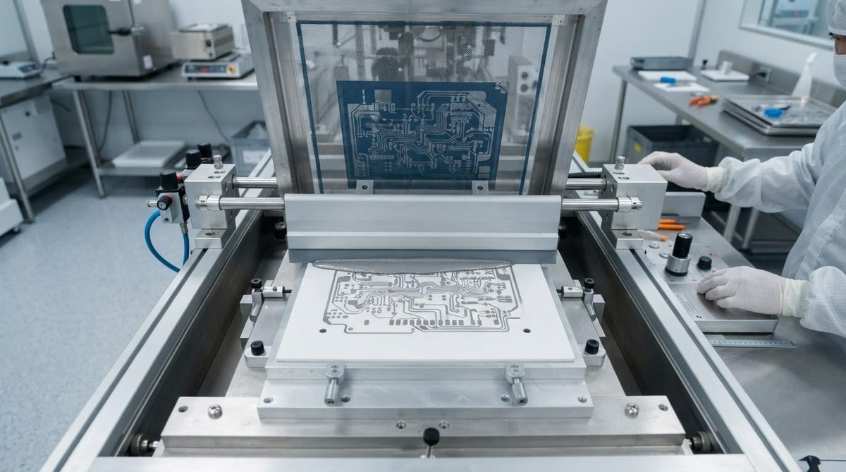 Screen-printing silver paste onto an alumina ceramic substrate in production