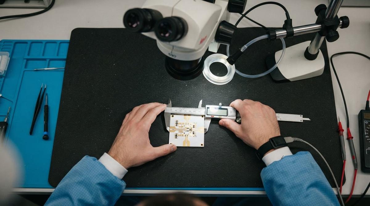 Engineer measuring microstrip trace width on an alumina substrate with calipers