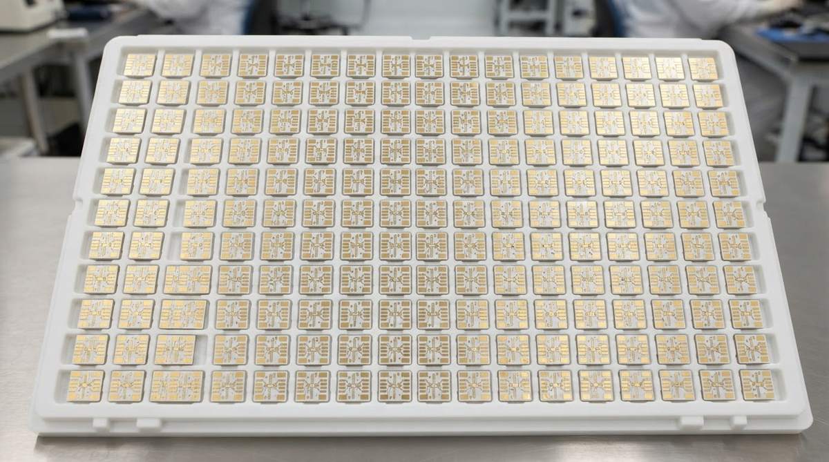 Array of finished multilayer ceramic PCB modules with gold-plated surface pads