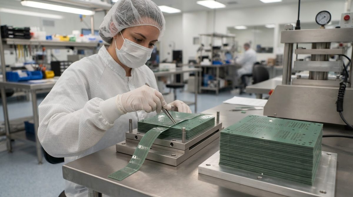 Technician aligning ceramic green tape layers in a lamination fixture before co-firing