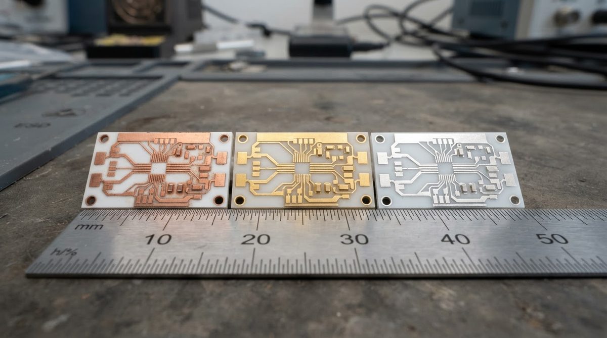 Three ceramic PCB samples showing OSP, ENIG, and immersion silver finishes side by side