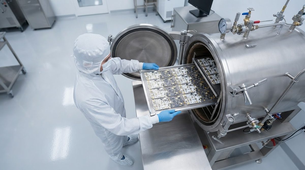 Technician loading ceramic PCB assemblies into a vacuum bake-out oven