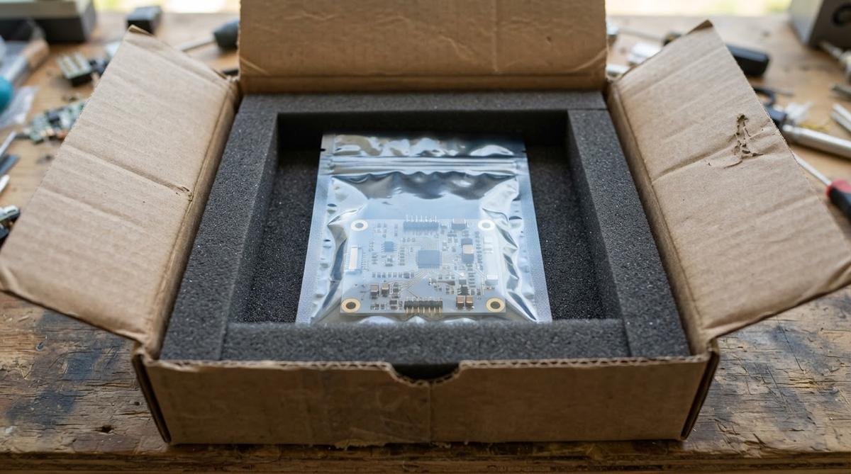 Sealed ESD shielding bag with ceramic board inside a foam-lined shipping carton
