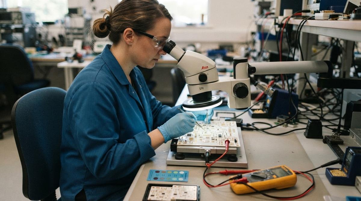 Engineer inspecting a received ceramic PCB under magnification with test equipment nearby