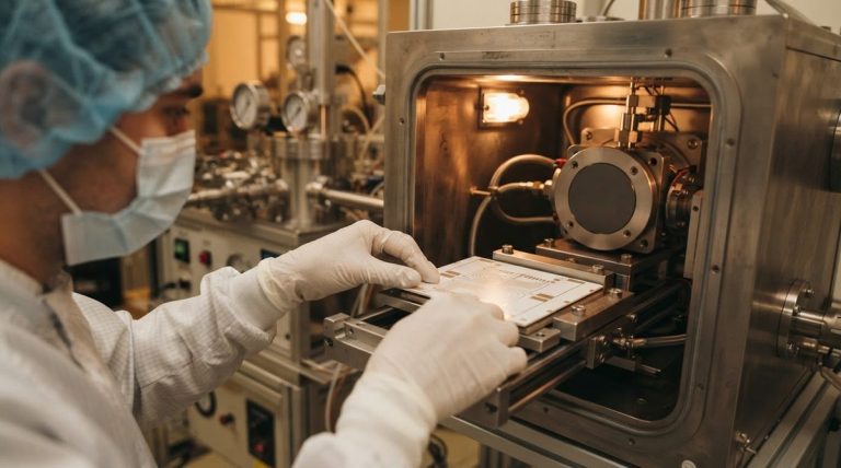 pcb manufacturing process: Technician loading a ceramic substrate into a vacuum sputtering chamber for DPC metallization