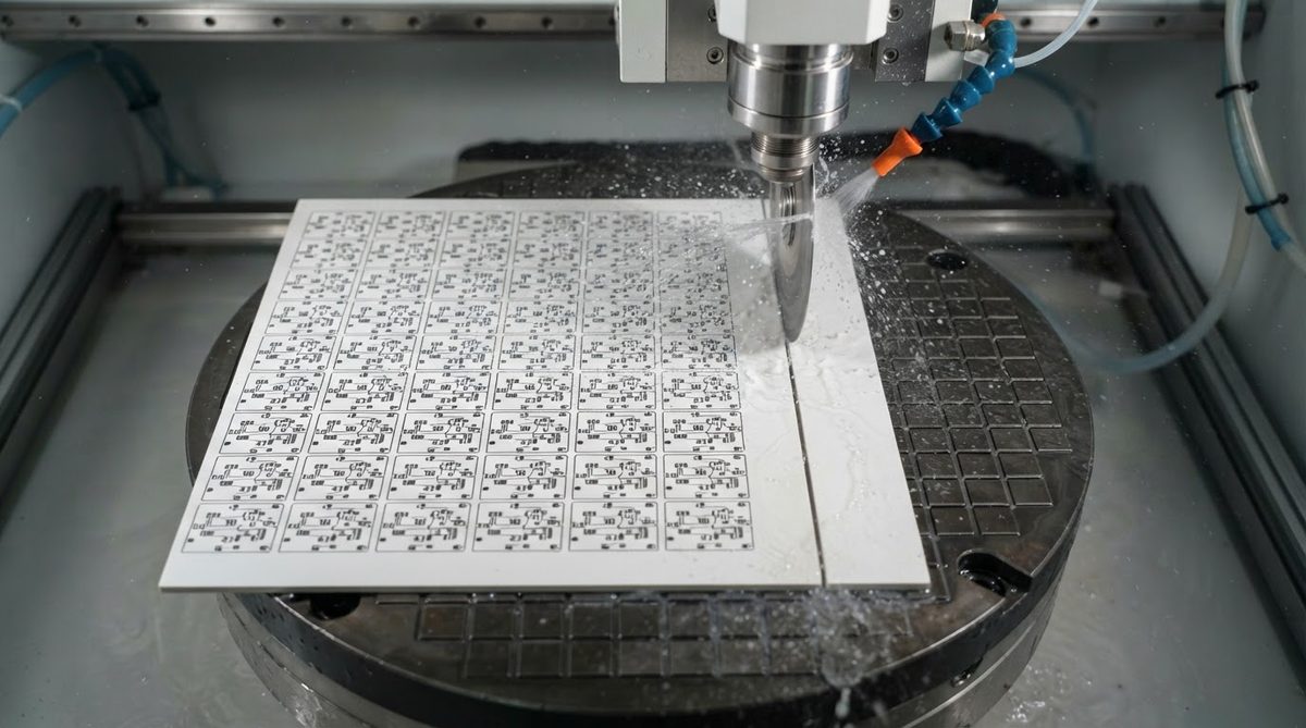 Ceramic PCB panel being singulated on a diamond dicing saw with water cooling