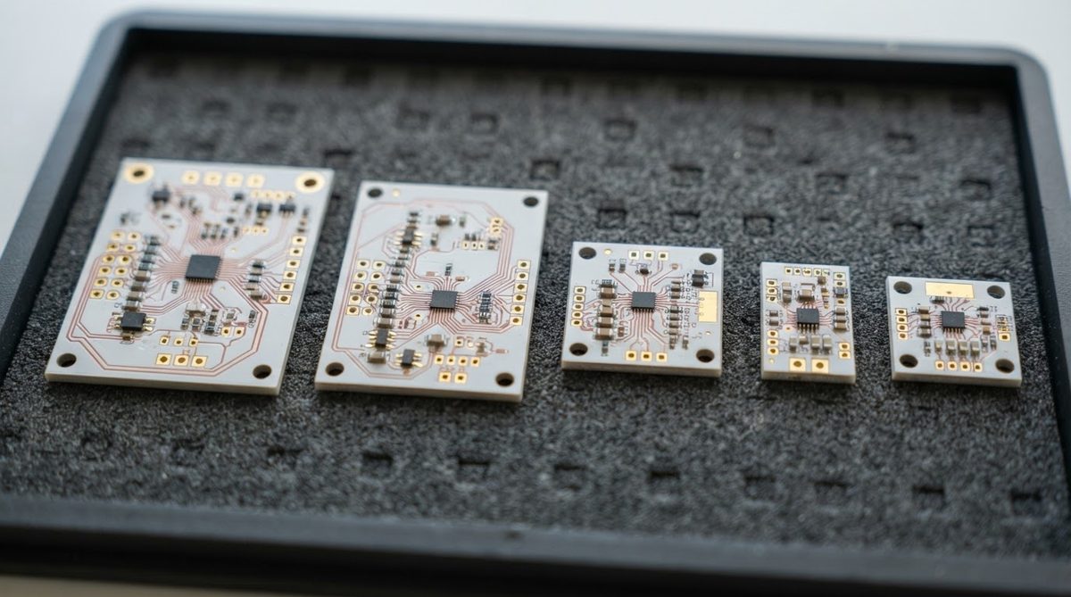 Finished ceramic PCBs with gold-plated pads arranged in an ESD-safe shipping tray