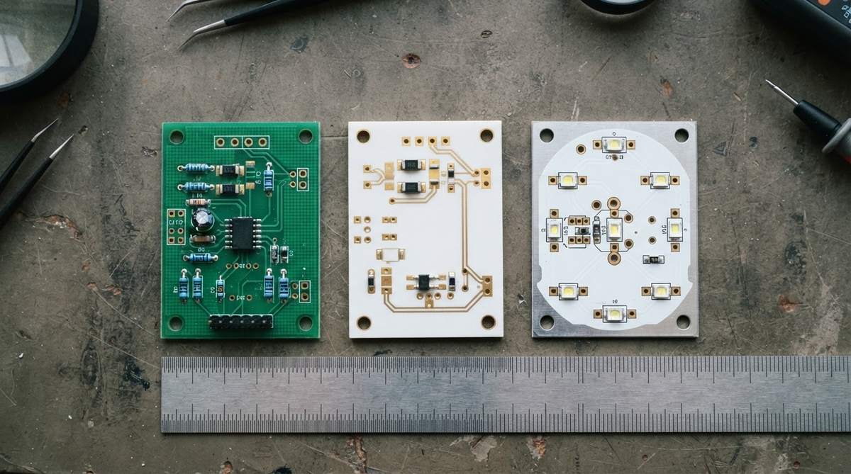 Three PCB substrate types compared side by side: FR-4, alumina ceramic, and metal-core