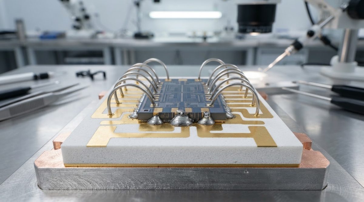 Power IGBT die soldered to a metallized ceramic substrate with wire bonds visible