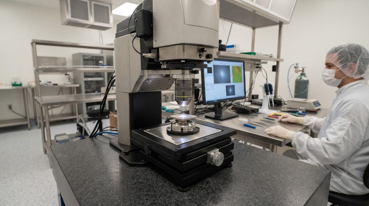 White-light interferometer measuring surface roughness on a polished ceramic substrate