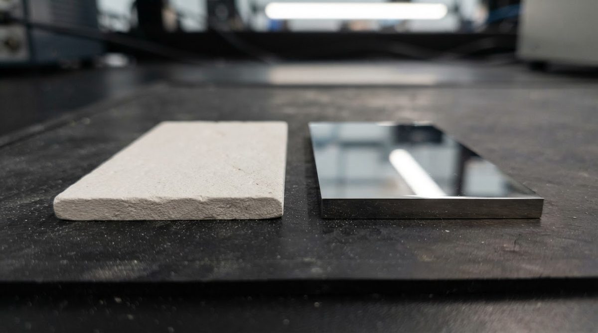 Side-by-side comparison of as-fired and mirror-polished alumina ceramic substrates