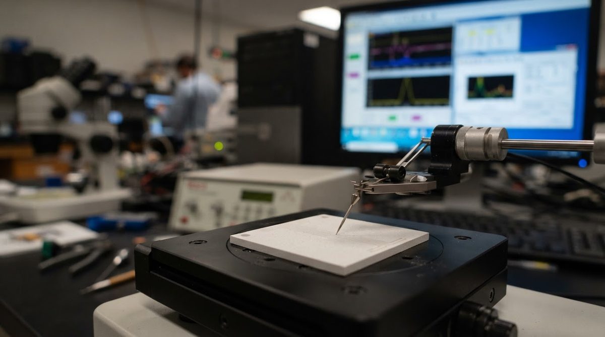 Stylus profilometer measuring surface roughness on a polished ceramic substrate