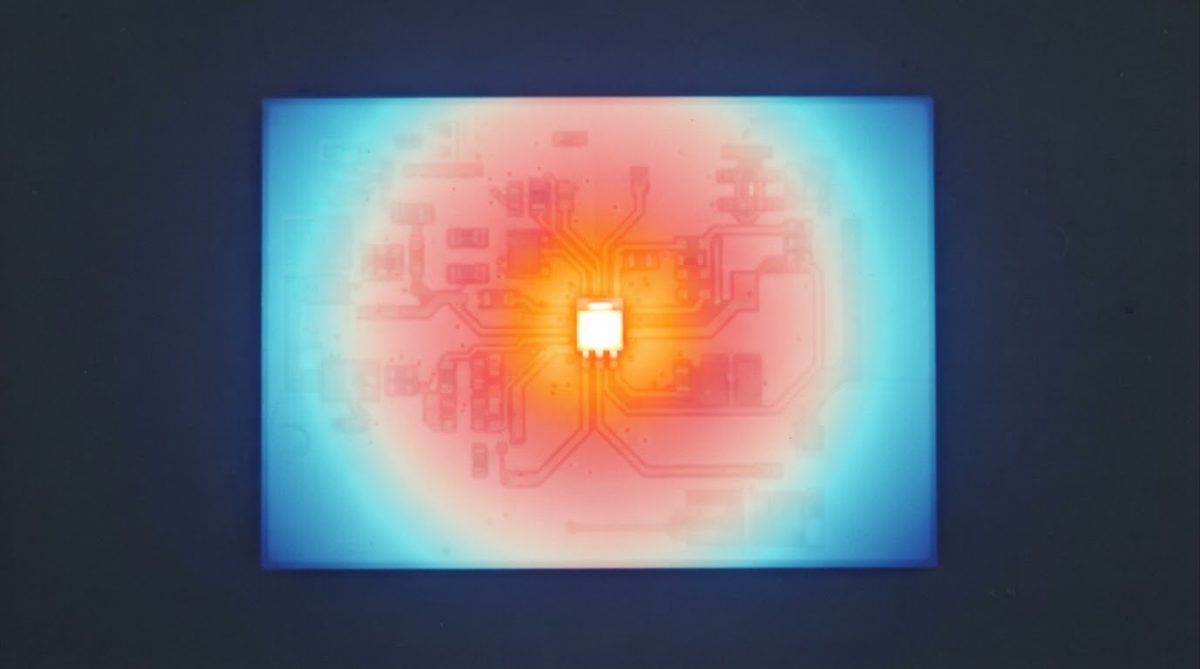 Infrared thermal image showing heat concentration on a ceramic circuit board