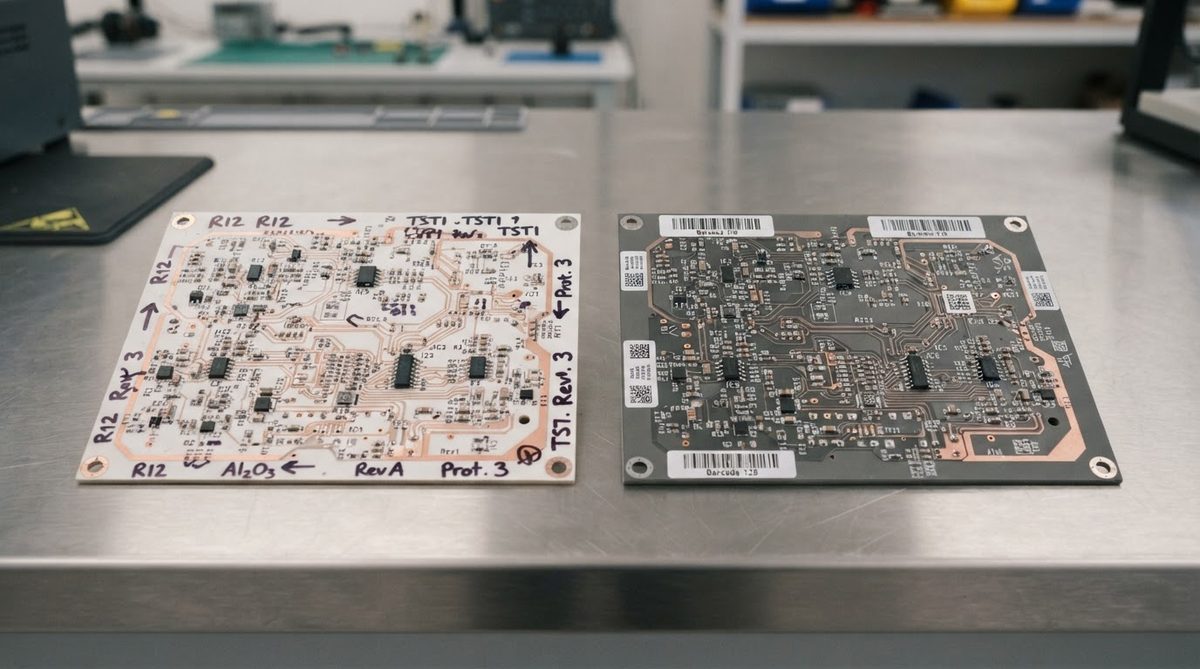 Prototype ceramic PCB panel next to a production panel with barcode traceability