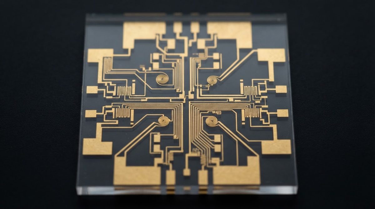 Gold thin-film traces on a quartz substrate for RF microstrip circuits