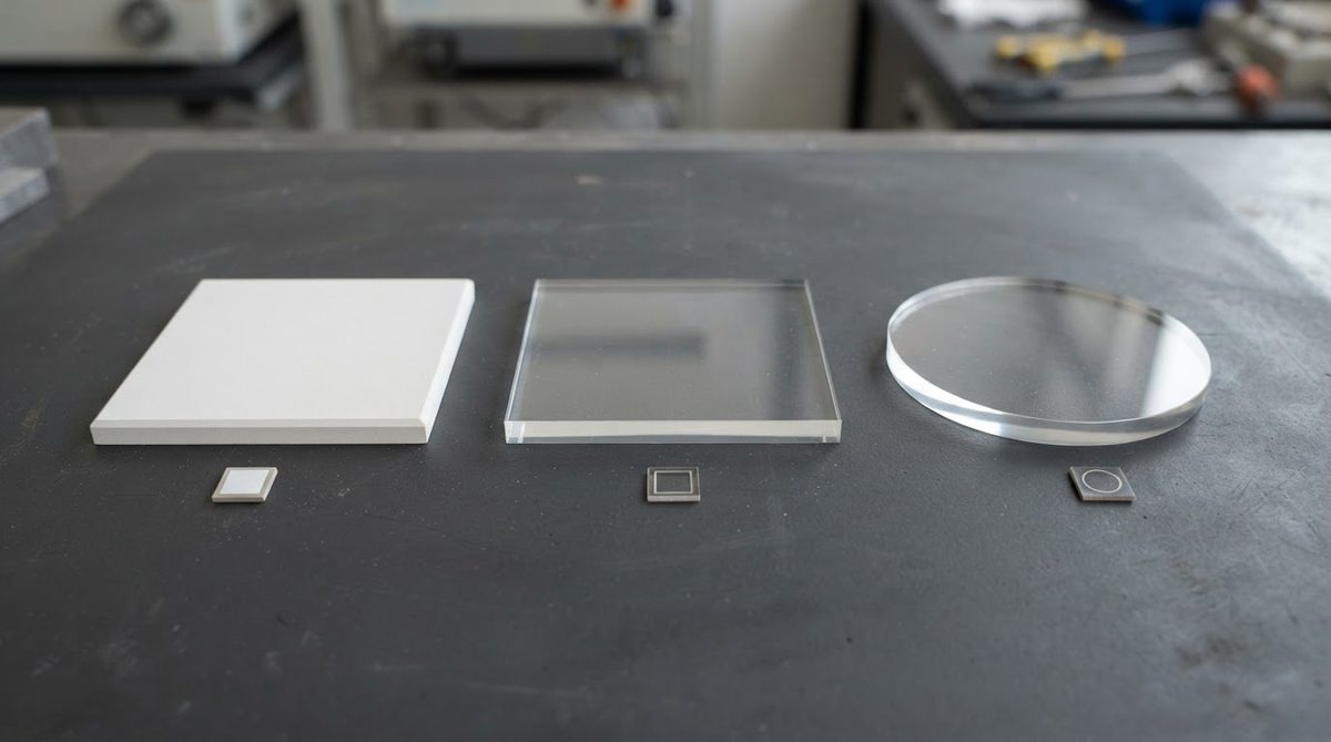 Alumina, fused silica, and sapphire substrates arranged for visual comparison