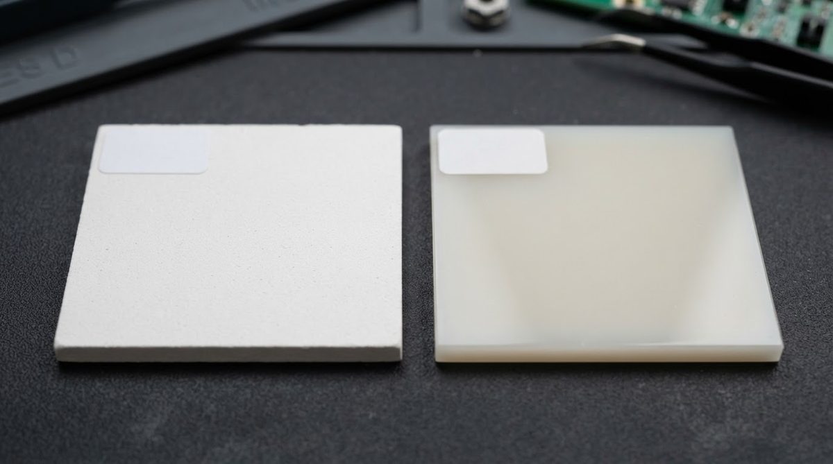 Two alumina ceramic substrates comparing 96% and 99.6% grades side by side