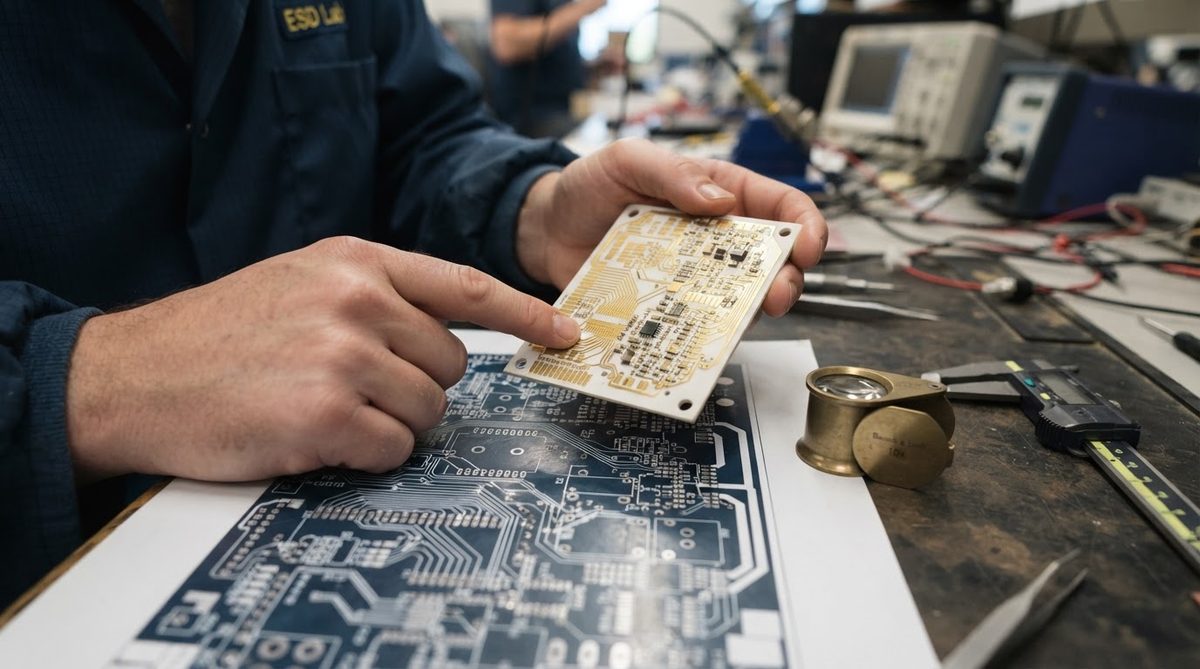 Engineer inspecting a ceramic PCB against a Gerber printout during design review